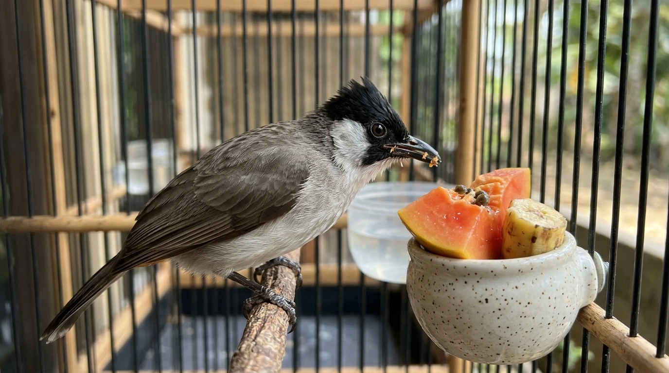 Burung Kutilang sehat sedang makan buah segar di dalam sangkar