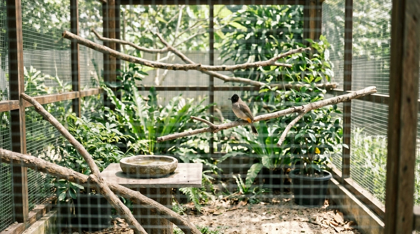 Sangkar burung Kutilang yang bersih dan nyaman dengan tumbuhan alami