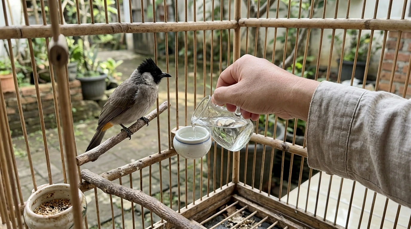 Tangan manusia merawat Kutilang dengan mengisi tempat minum di sangkar