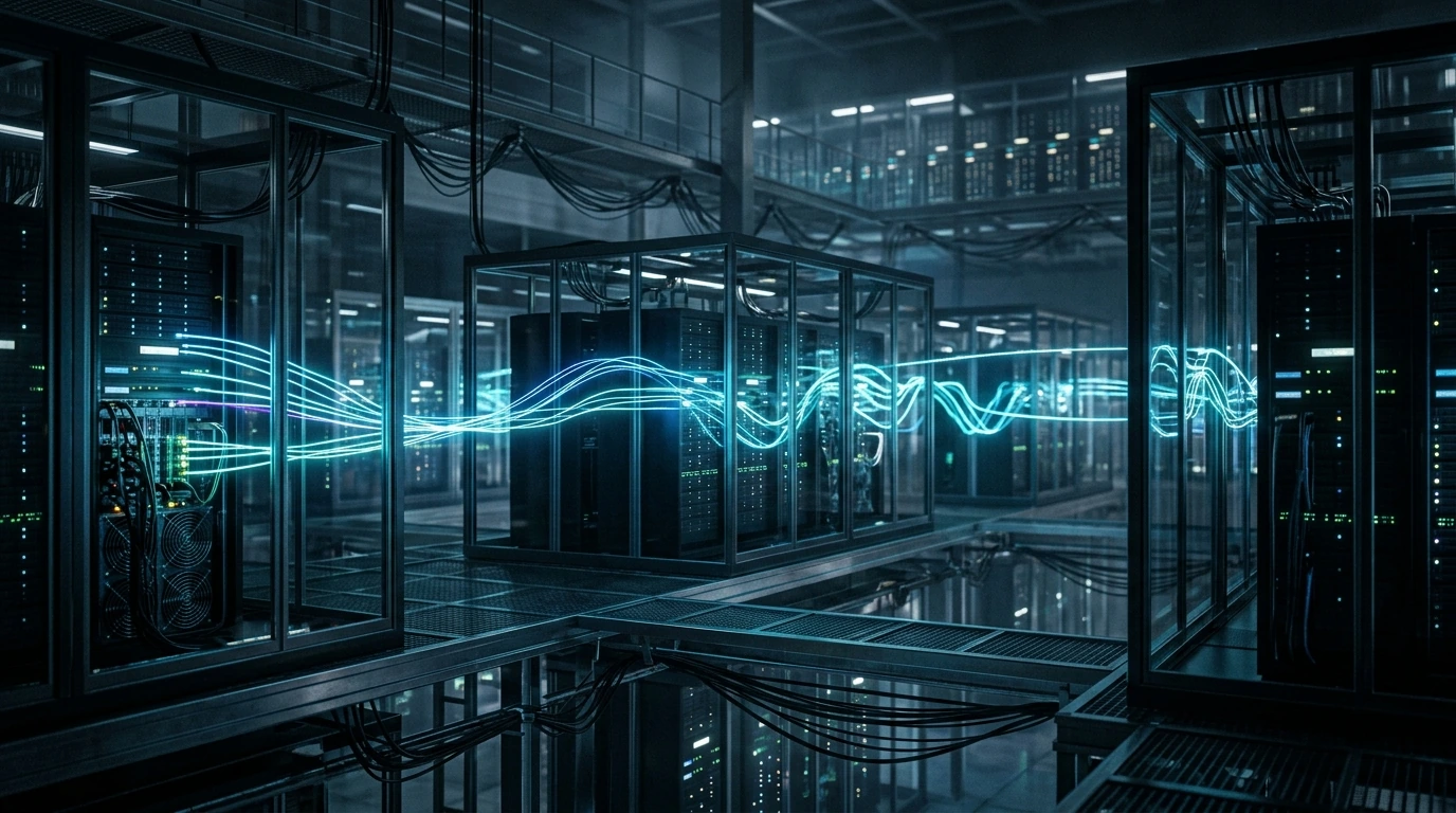 A conceptual image depicting N8n workflows distributed across multiple cloud servers, illustrating scalability and data flow.