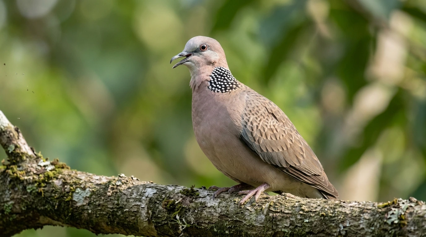 Burung Derkuku jantan sedang berkicau, menunjukkan postur vokal khasnya.