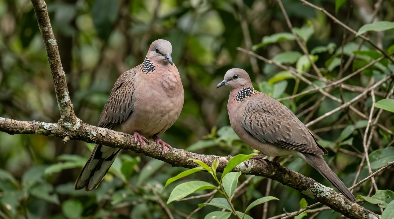 Dua burung Derkuku, jantan dan betina, duduk bersebelahan untuk membandingkan ukuran dan bentuk kepala mereka.