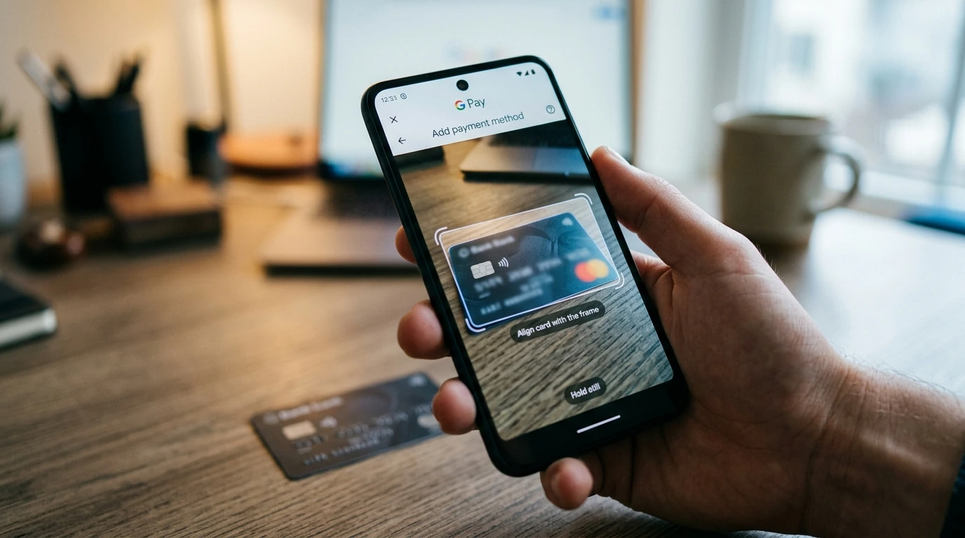 A close-up of an Android phone screen showing the Google Pay app, with a virtual credit card being added, illustrating the process of linking a payment method.