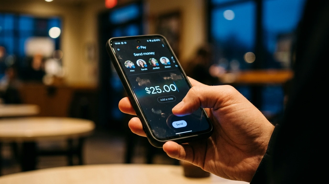 A hand holding an Android phone, displaying the Google Pay interface for sending money, with contact profiles and a transaction amount ready for confirmation.