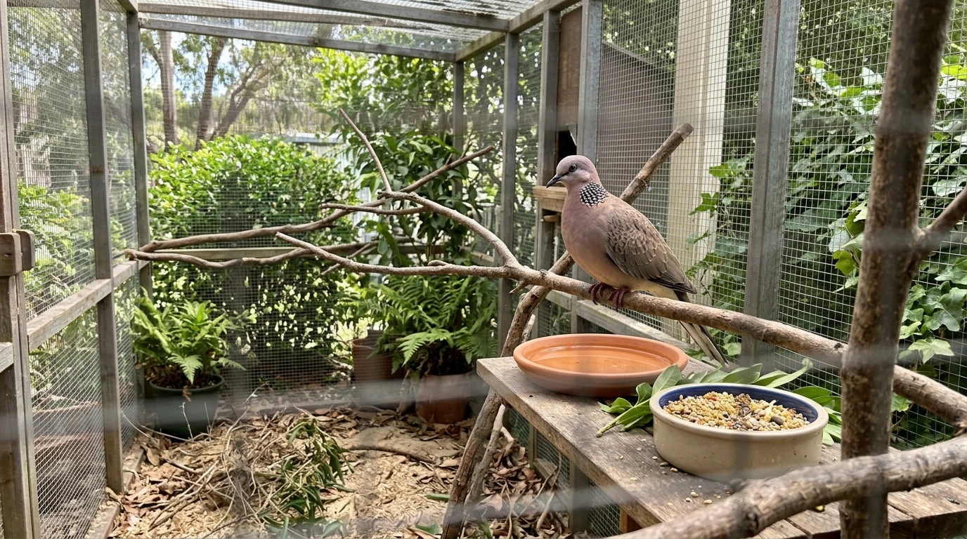 Sebuah aviary modern yang bersih dan terawat, dihuni oleh burung Derkuku yang sehat, menggambarkan lingkungan ideal yang memengaruhi nilai burung.