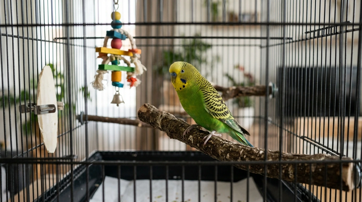 Burung parkit di dalam kandang yang bersih dan terawat, mengamati lingkungan barunya.
