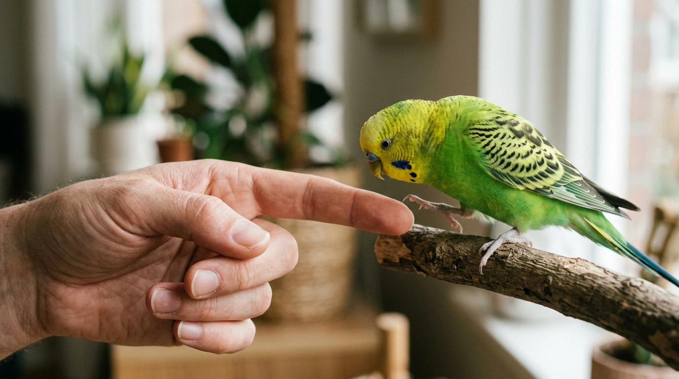 Tangan manusia menawarkan jari kepada burung parkit yang sedang belajar hinggap.