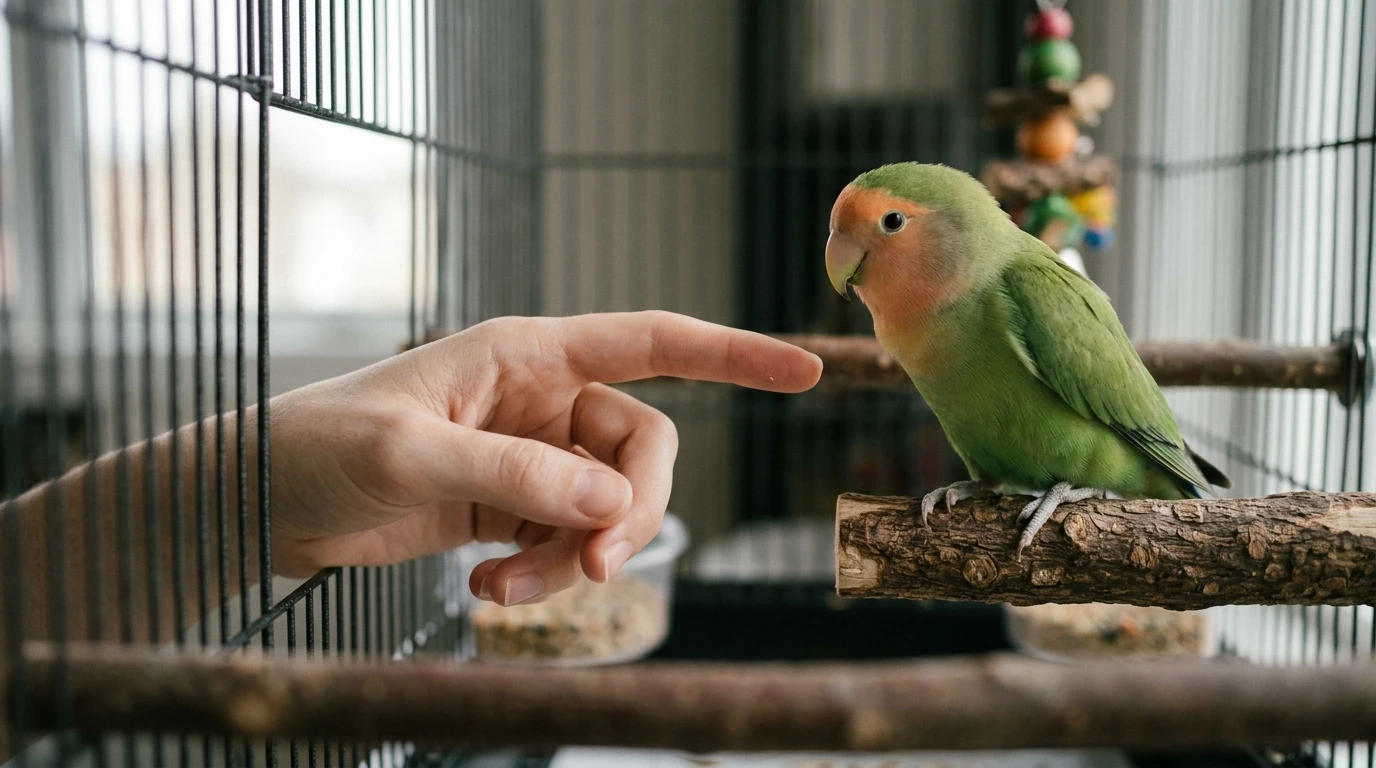 Tangan manusia yang lembut perlahan mendekati Lovebird di dalam sangkar, menunjukkan kesabaran dan interaksi non-ancaman.