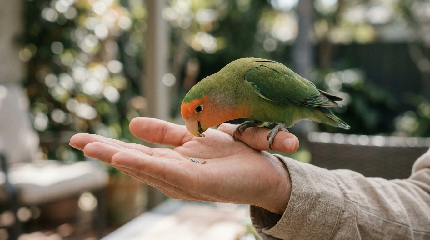 Seekor Lovebird yang jinak dan nyaman bertengger di jari tangan manusia, menerima camilan kecil sebagai tanda kepercayaan.