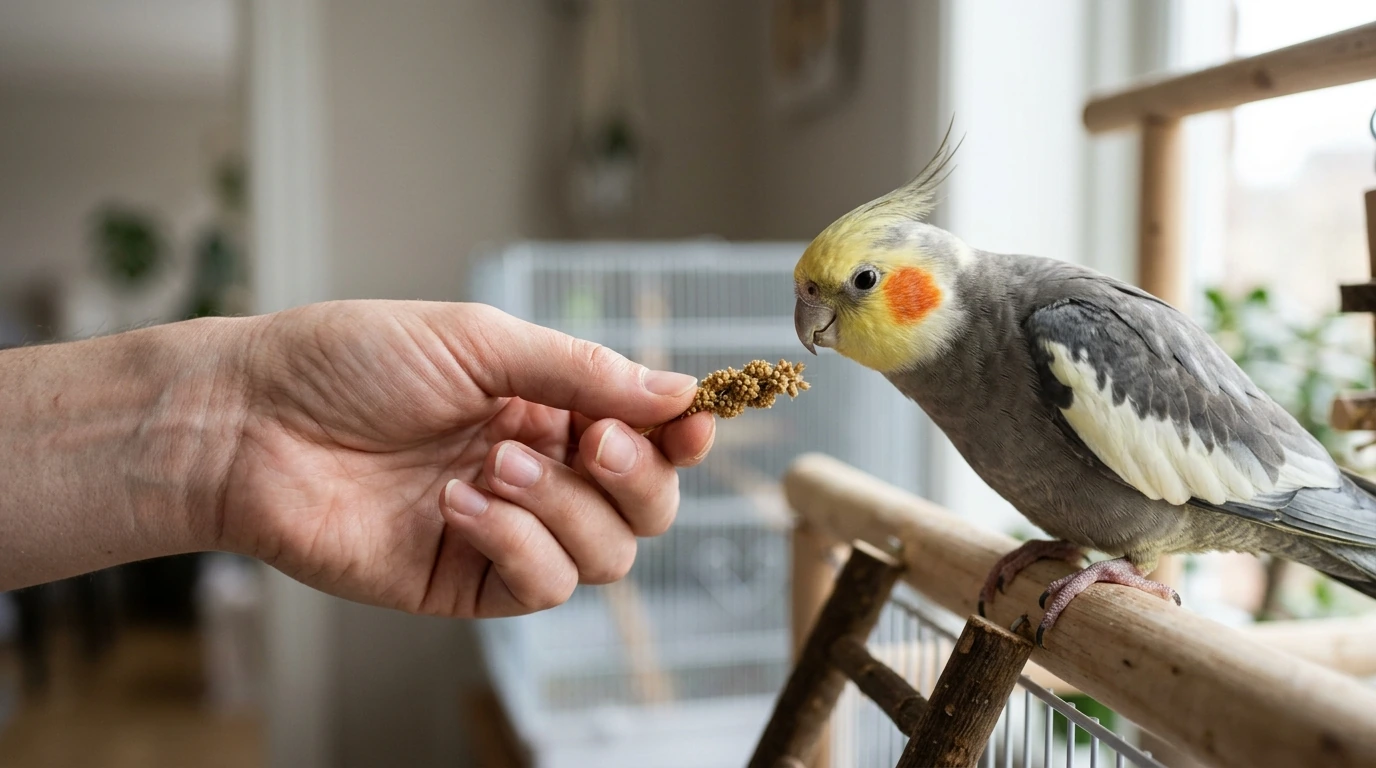 Tangan manusia dengan lembut menawarkan camilan kepada burung Cockatiel yang jinak dan penasaran.