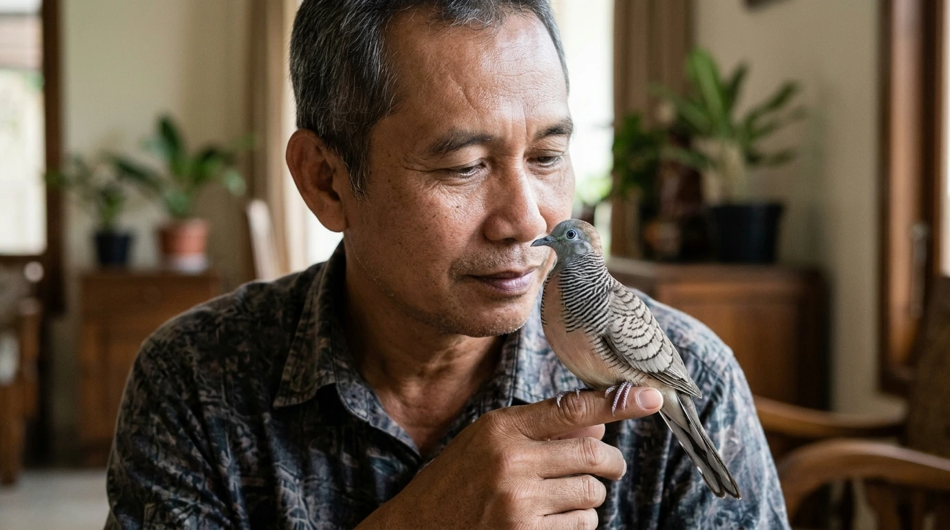 Burung Perkutut dewasa bertengger di bahu, menandakan ikatan erat dengan manusia.