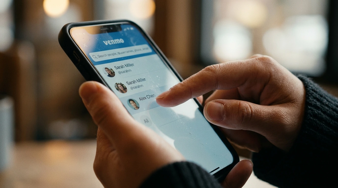 A hand interacting with a smartphone, selecting a contact from the Venmo app's list for a money transfer.