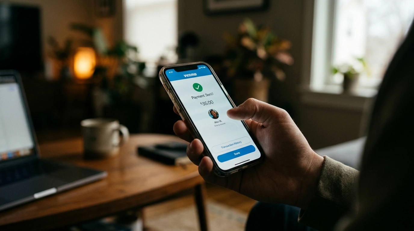 A close-up of a smartphone screen showing a successful Venmo transaction confirmation, indicating funds have been sent.