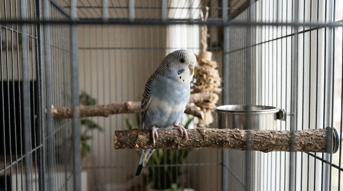 Burung Parkit baru di dalam kandangnya, mengamati lingkungan sekitar dengan penuh kehati-hatian.