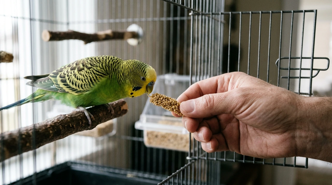 Tangan manusia menawarkan tangkai millet kepada burung Parkit, membangun kepercayaan awal.