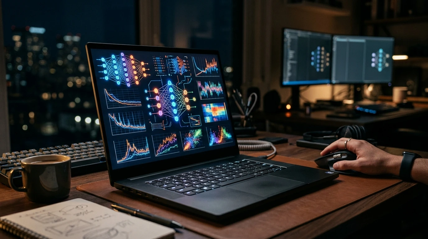 A workstation laptop screen displaying intricate data visualizations and machine learning model outputs, illustrating real-world data science performance.