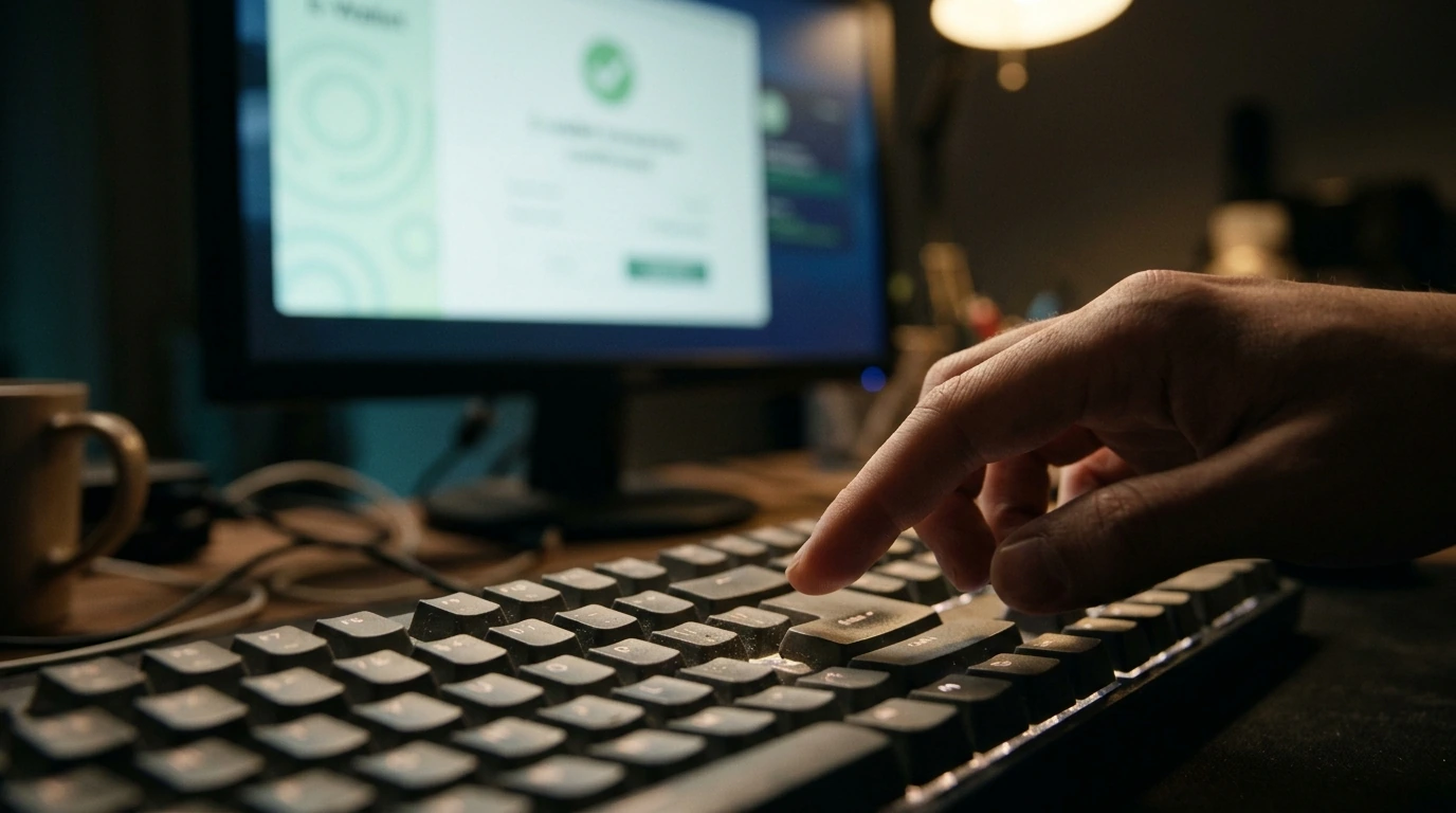 A hand poised over a keyboard, with a successful e-wallet transaction confirmation visible on the computer screen in the background, signifying resolution.