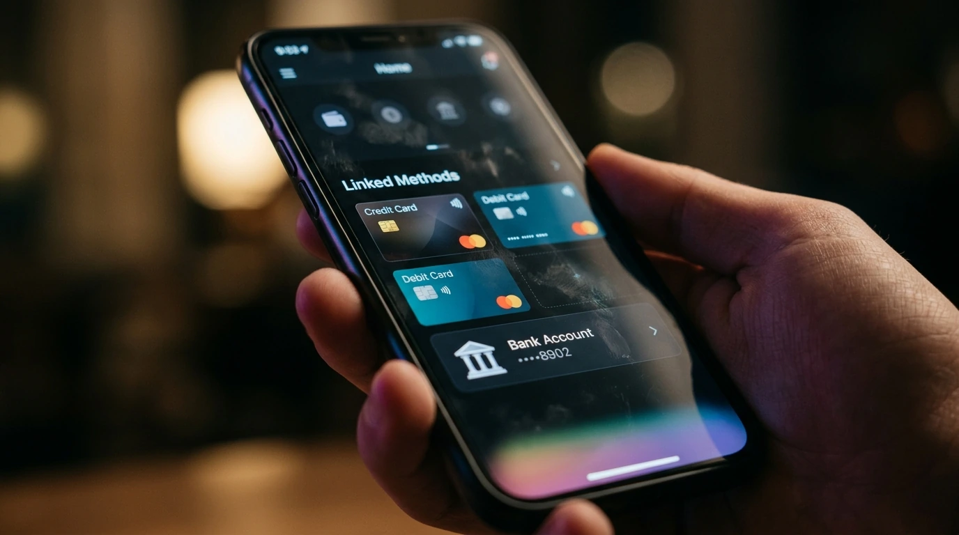 A close-up of a smartphone screen showing an e-wallet app interface with linked credit card, debit card, and bank account options.