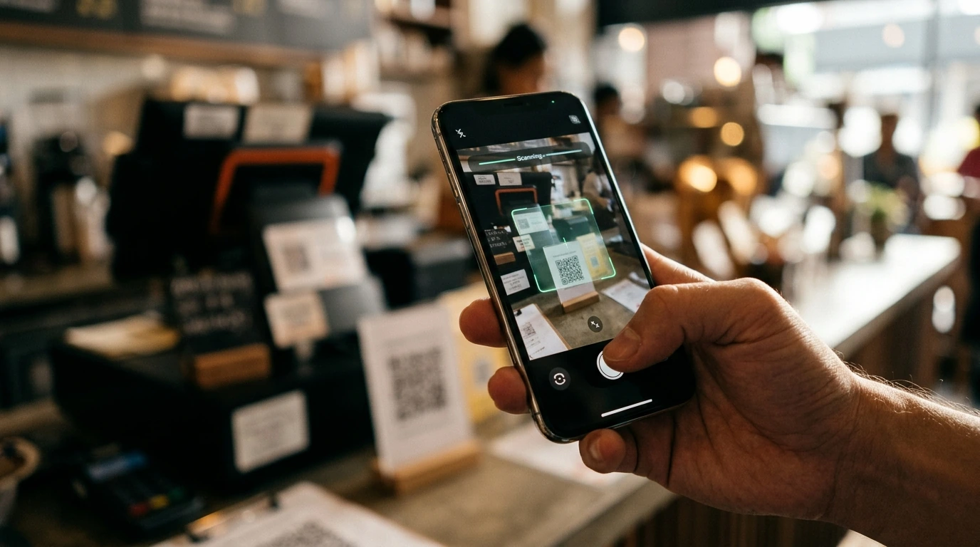 A hand holding a smartphone, actively scanning a QR code for payment through an e-wallet application with cinematic lighting.