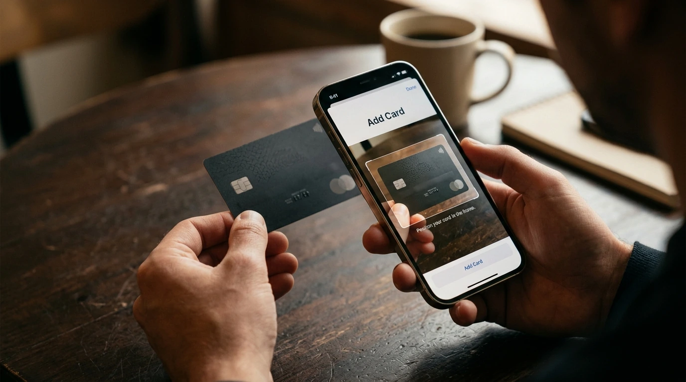 A hand holding a credit card next to an iPhone displaying the 'Add Card' screen in Apple Wallet, illustrating the setup process.