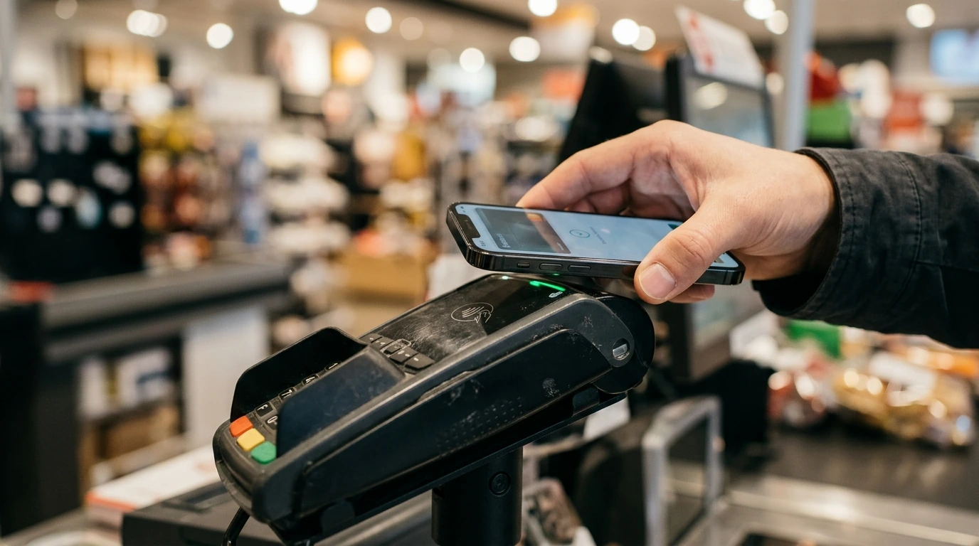 An iPhone held near a contactless payment terminal in a store, showing a successful Apple Pay transaction with atmospheric lighting.