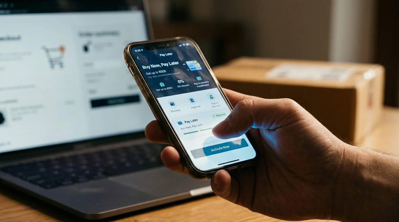 A hand interacting with a smartphone screen, showing the process of activating or applying for a Buy Now Pay Later feature within an e-wallet application.