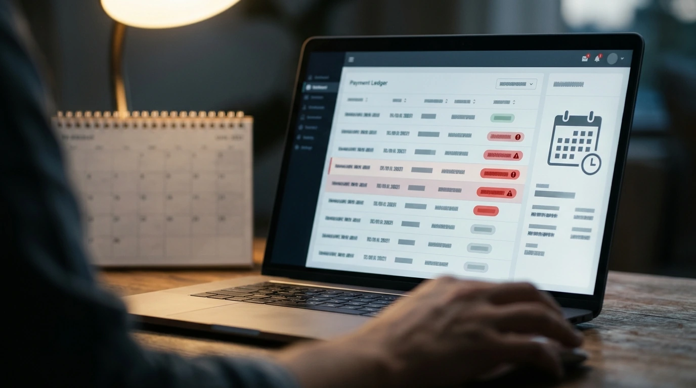 A visual depiction of a digital payment schedule or ledger, with highlighted warnings for potential overdue payments, emphasizing the importance of managing BNPL repayments.