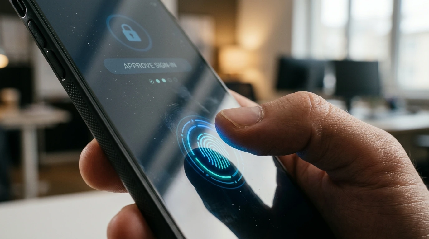 A hand interacting with a smartphone displaying a multi-factor authentication screen, emphasizing biometric security and strong password practices for digital wallets.