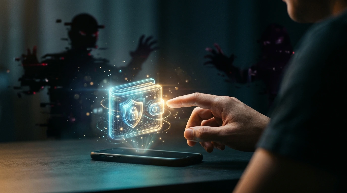 An abstract depiction of a secure digital wallet being protected from various cyber threats like phishing and malware, highlighting the importance of vigilance and robust security measures.